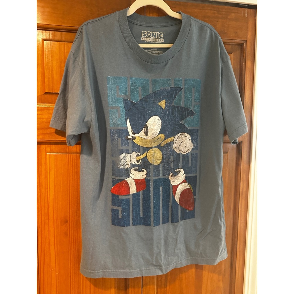 Sonic the Hedgehog Mens Large Graphic T-Shirt Slate Blue Sega Gamer Tee Cotton